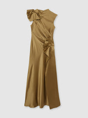 Reiss | Acler Draped Satin Midi Dress in Gold Moss