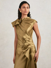 Reiss | Acler Draped Satin Midi Dress in Gold Moss