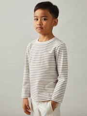 Reiss | 9-13 yrs Stretch-Cotton Stripe T-Shirt in Off White/Camel