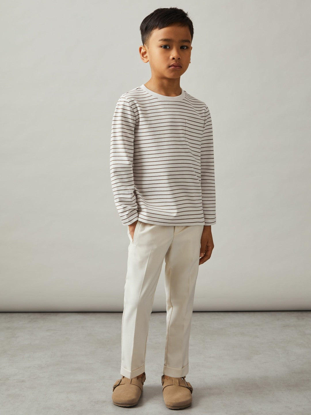 Reiss | 9-13 yrs Stretch-Cotton Stripe T-Shirt in Off White/Camel