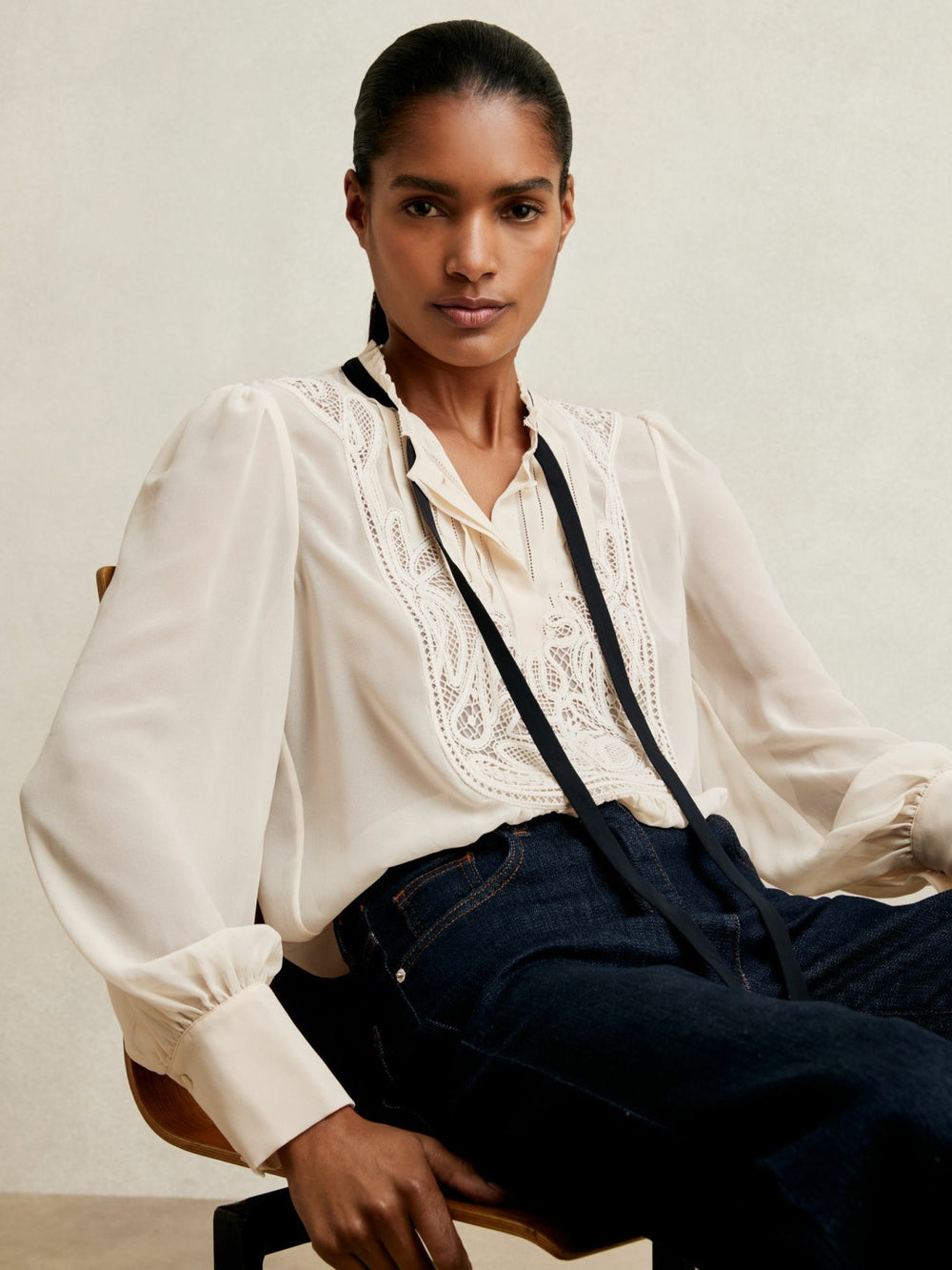 Reiss | Lace-Embroidered Tie-Neck Shirt in Cream