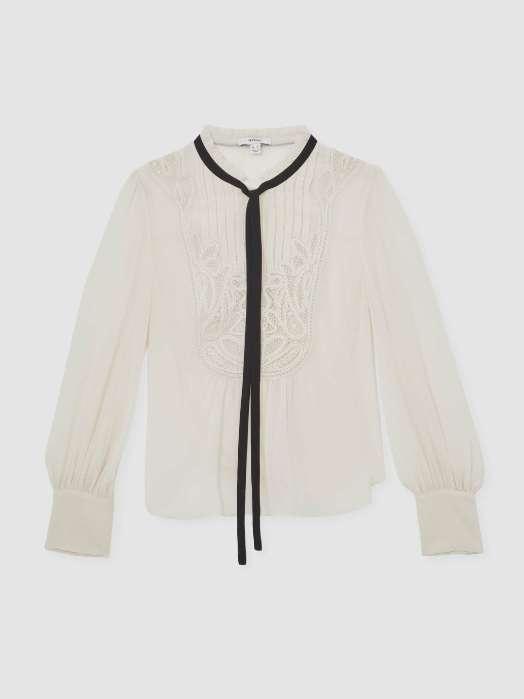Reiss | Lace-Embroidered Tie-Neck Shirt in Cream