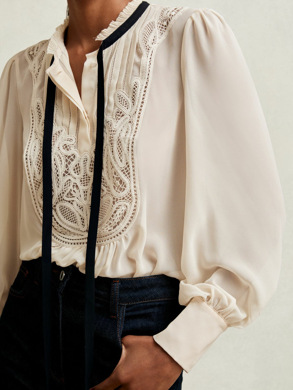 Reiss | Lace-Embroidered Tie-Neck Shirt in Cream