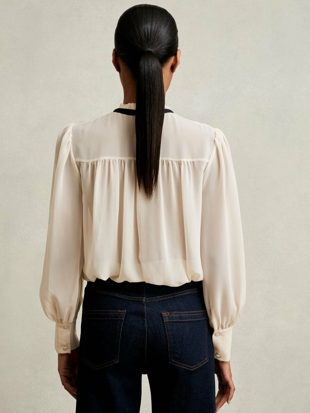Reiss | Lace-Embroidered Tie-Neck Shirt in Cream