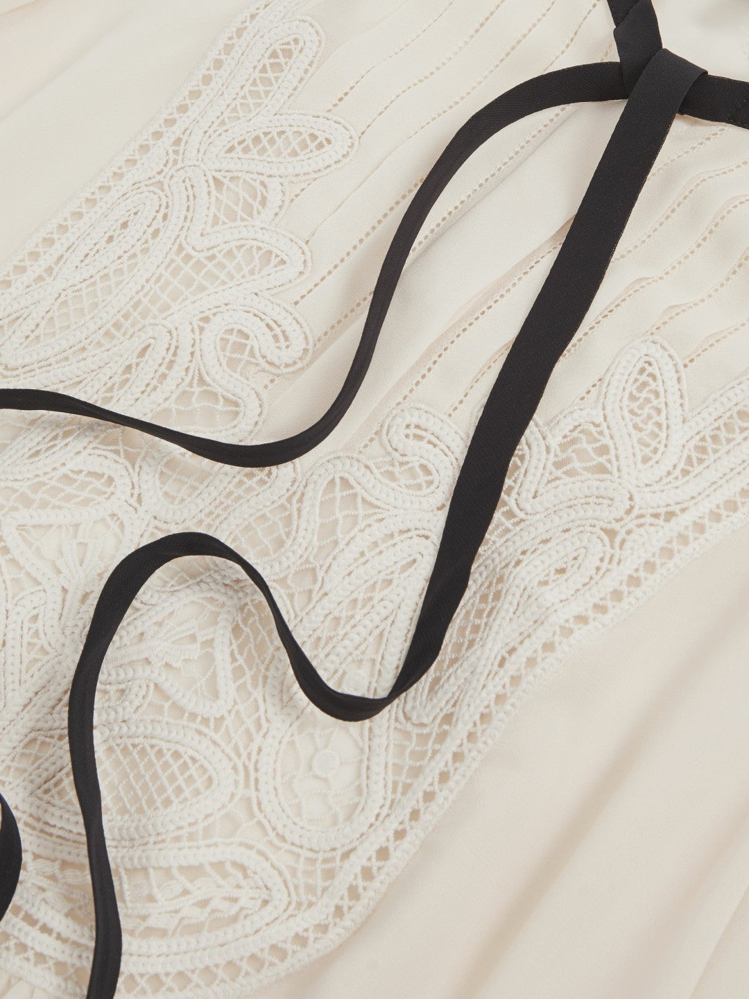 Reiss | Lace-Embroidered Tie-Neck Shirt in Cream