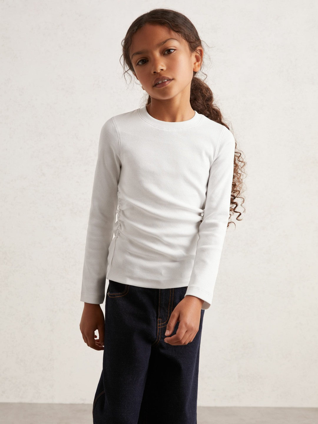 Reiss | 4-9 yrs Cotton Ruched Long-Sleeve T-Shirt with Stretch in Ivory