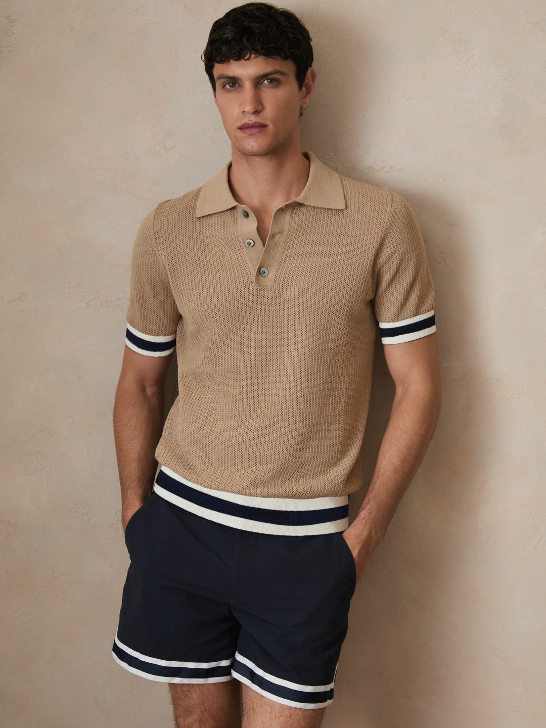 Reiss | | Ché Cotton Knit Polo Shirt in Camel Brown