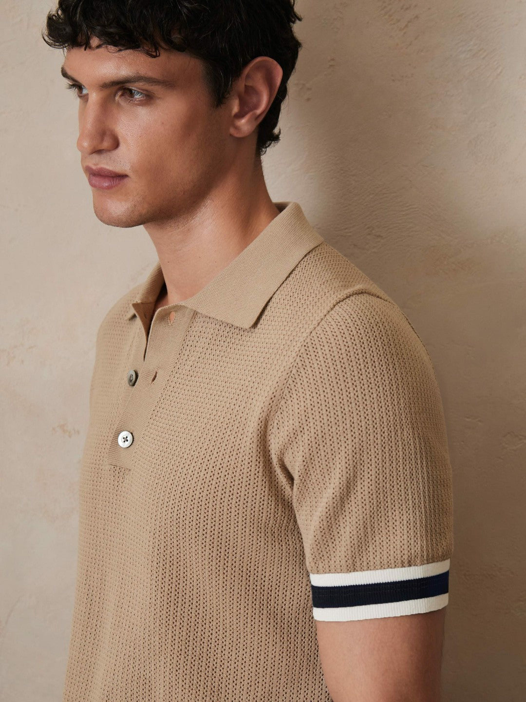 Reiss | | Ché Cotton Knit Polo Shirt in Camel Brown
