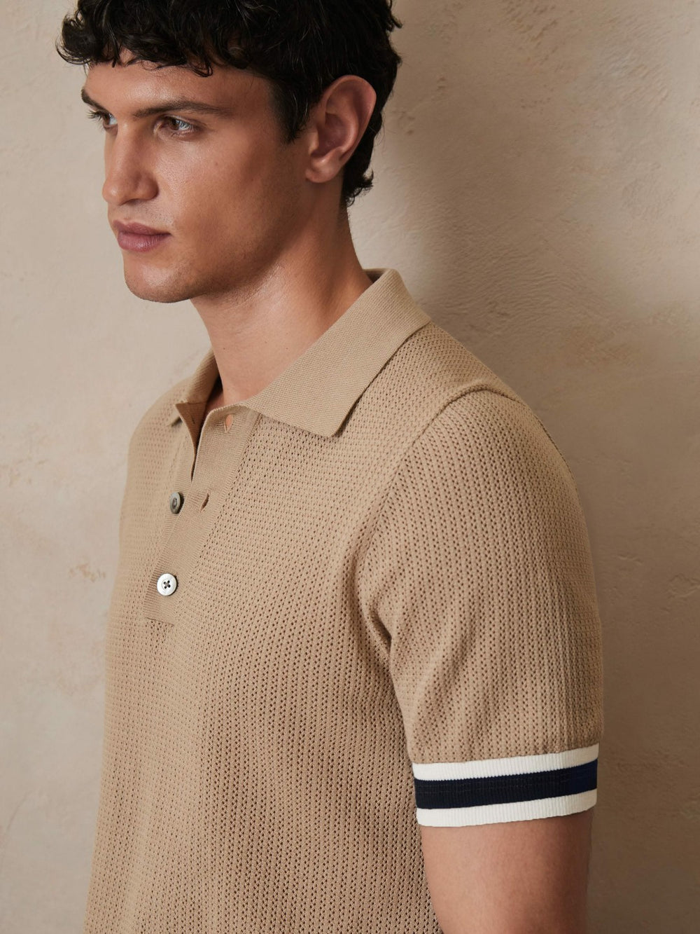 Reiss | | Ché Cotton Knit Polo Shirt in Camel Brown