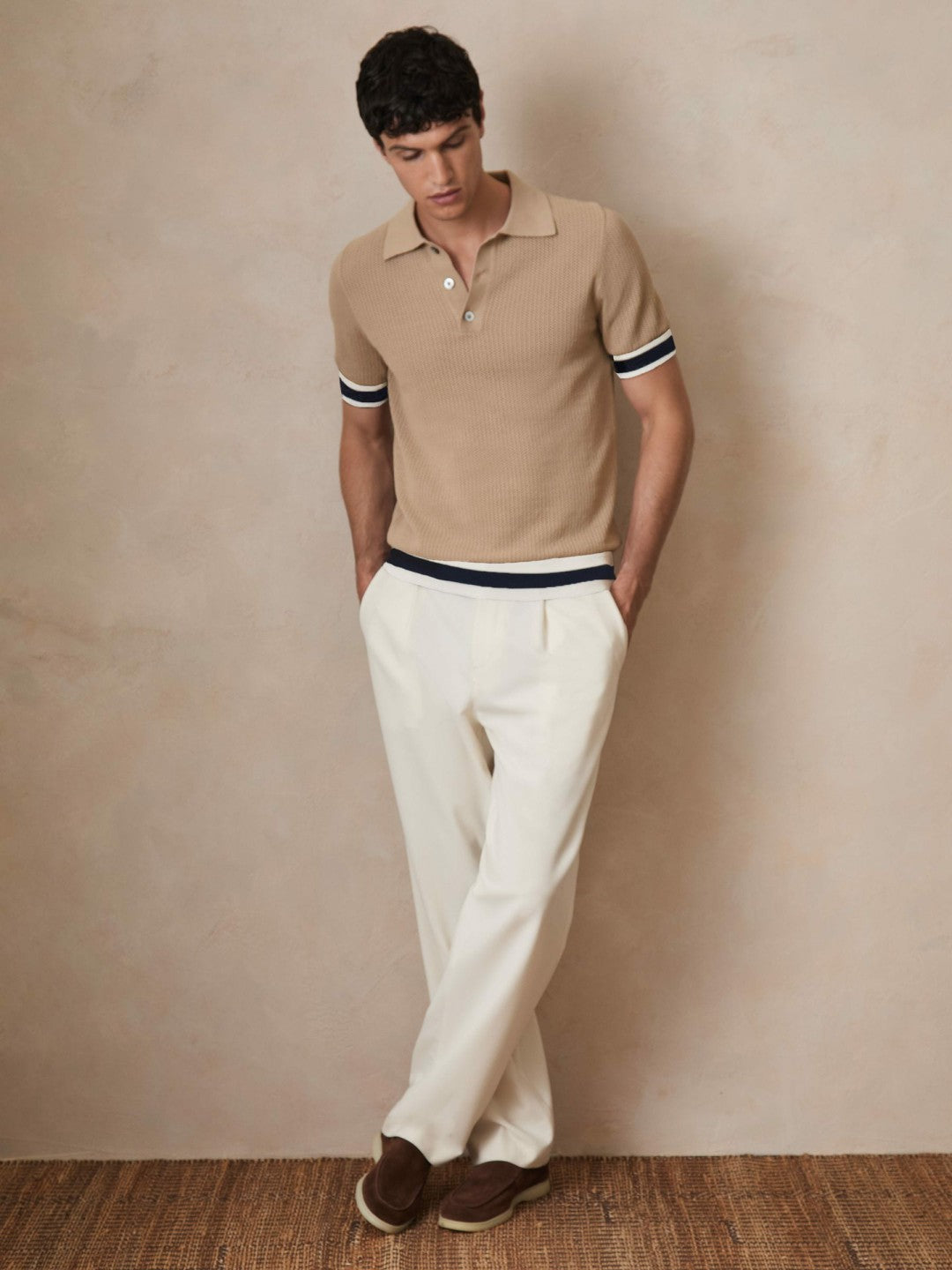 Reiss | | Ché Cotton Knit Polo Shirt in Camel Brown