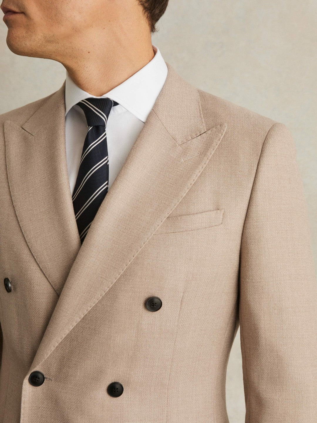Reiss | Slim-Fit Wool-Blend Double-Breasted Suit Blazer in Oatmeal Brown