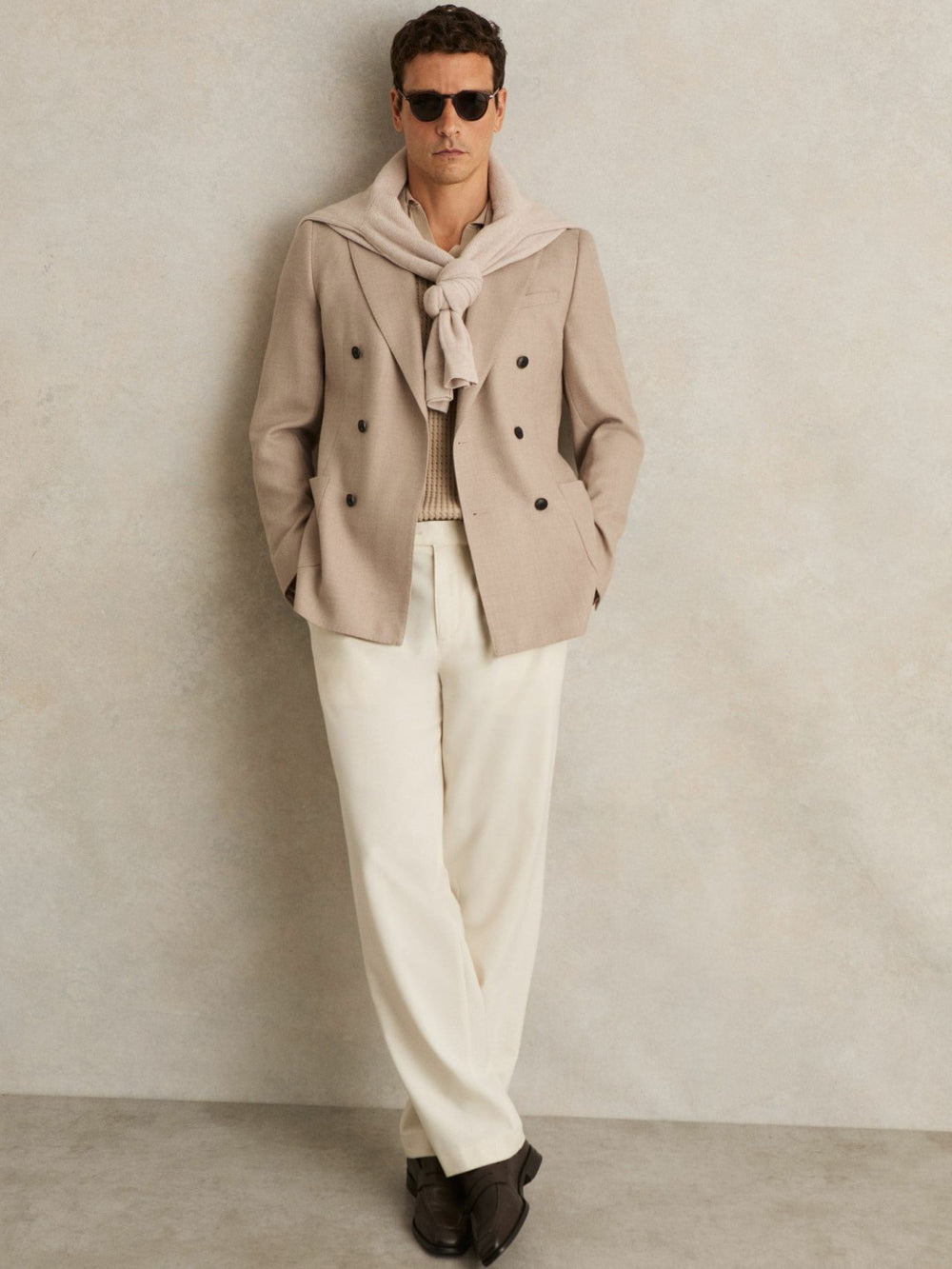 Reiss | Slim-Fit Wool-Blend Double-Breasted Suit Blazer in Oatmeal Brown