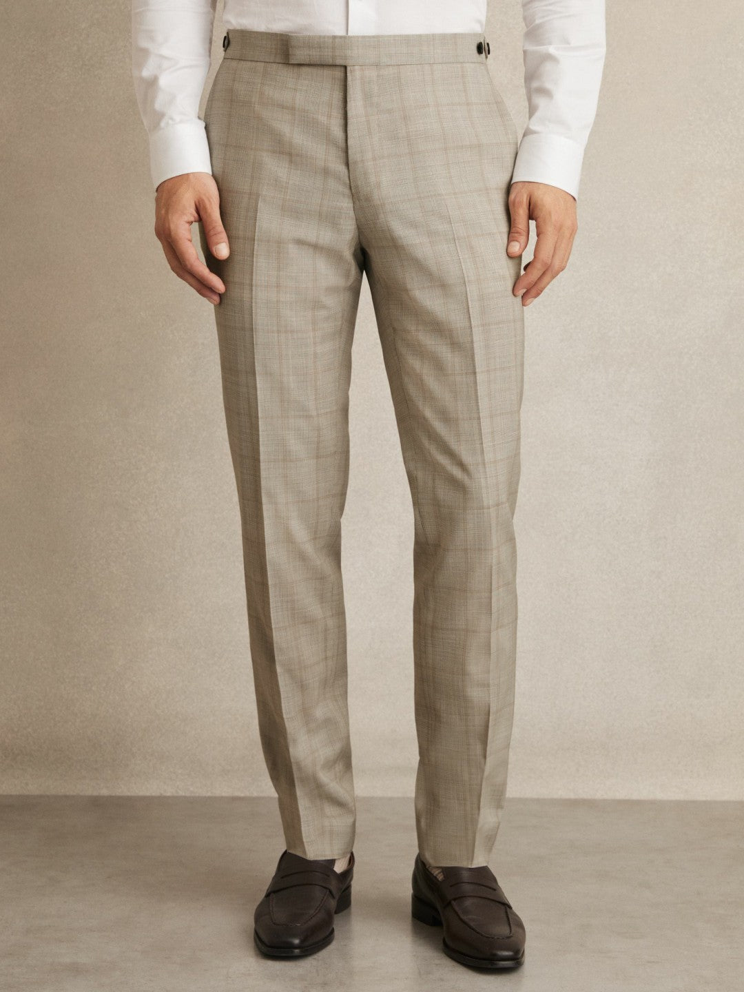 Reiss | Slim-Fit Wool Check Suit Trousers in Oatmeal Brown