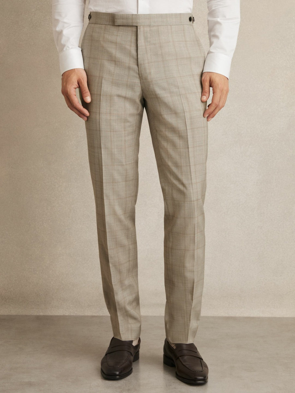 Reiss | Slim-Fit Wool Check Suit Trousers in Oatmeal Brown
