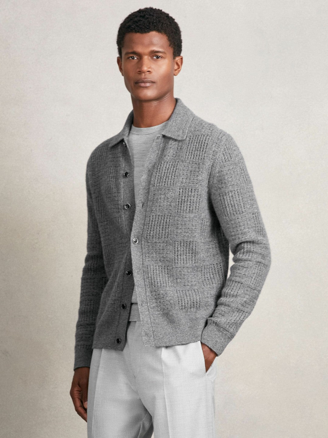 Reiss | Wool Button Through Pointelle Shirt in Mid Grey