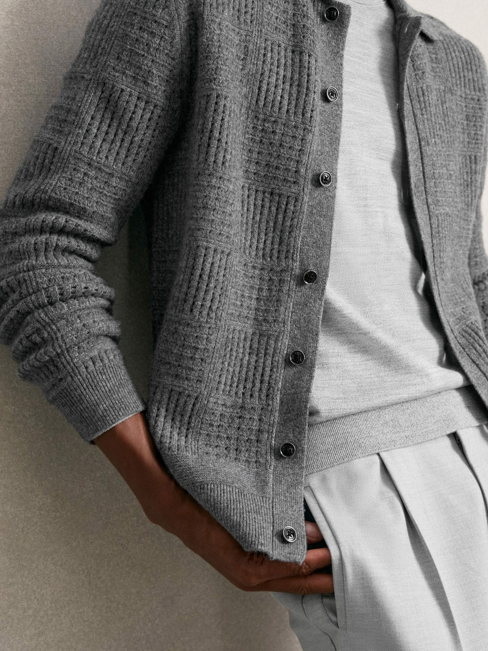 Reiss | Wool Button Through Pointelle Shirt in Mid Grey