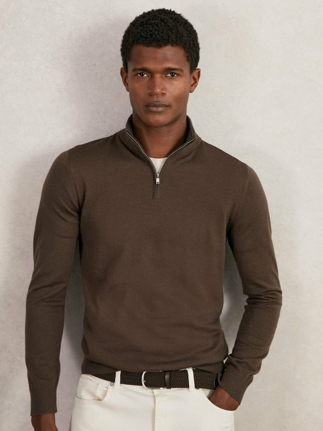 Reiss | Merino Wool Half-Zip Jumper in Chocolate Brown