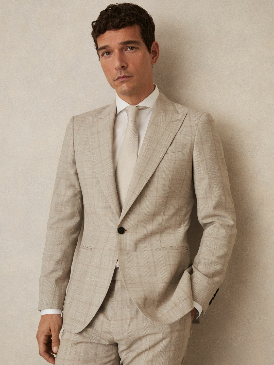 Reiss | Slim-Fit Single-Breasted Wool Check Suit Blazer in Oatmeal Brown