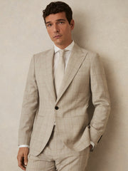 Reiss | Slim-Fit Single-Breasted Wool Check Suit Blazer in Oatmeal Brown