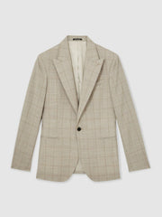 Reiss | Slim-Fit Single-Breasted Wool Check Suit Blazer in Oatmeal Brown