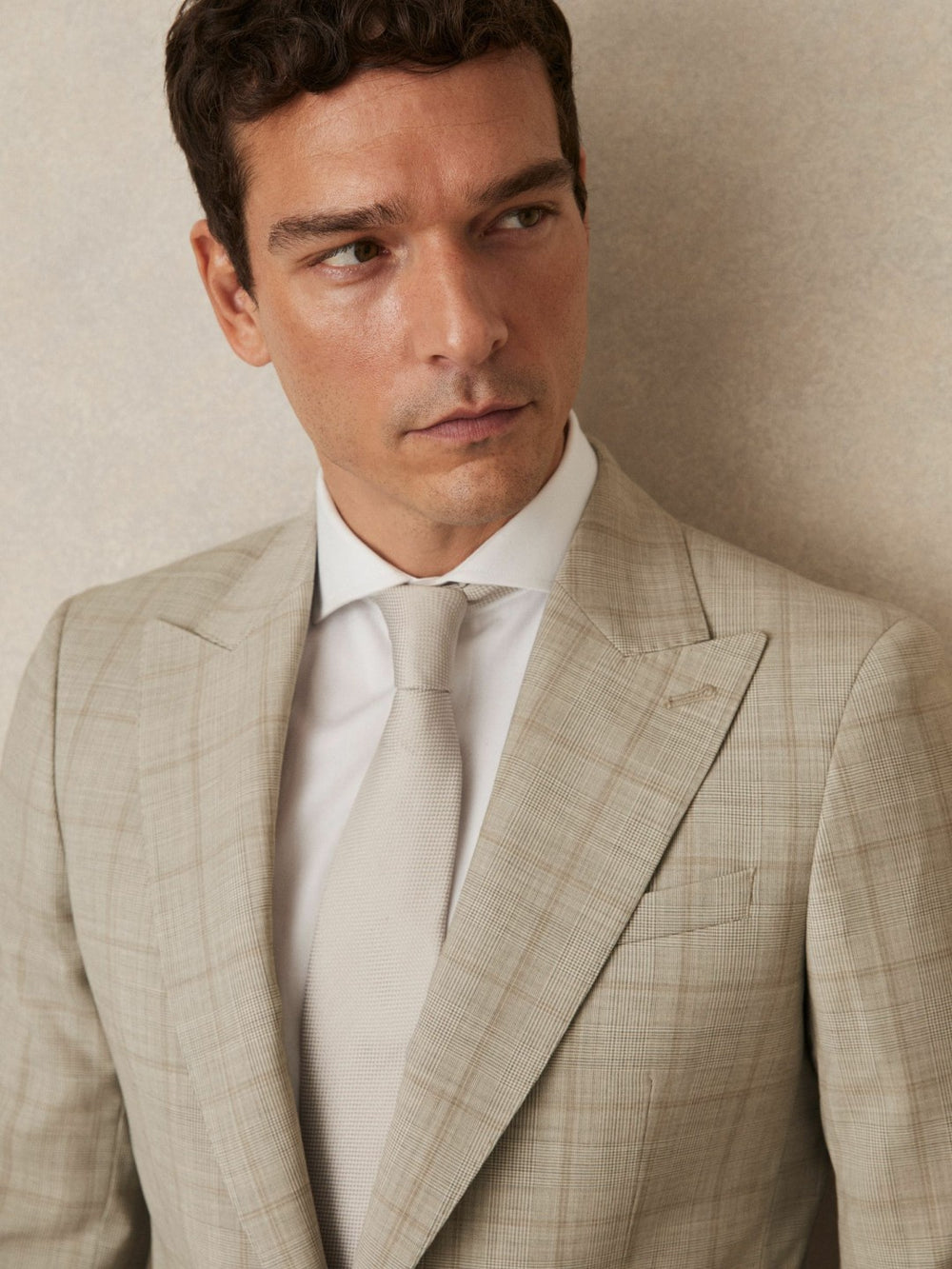 Reiss | Slim-Fit Single-Breasted Wool Check Suit Blazer in Oatmeal Brown