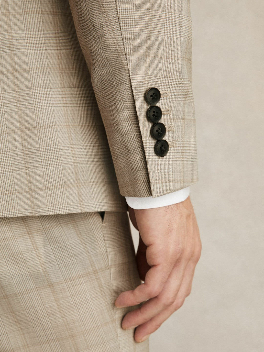 Reiss | Slim-Fit Single-Breasted Wool Check Suit Blazer in Oatmeal Brown