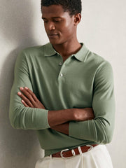 Reiss | Merino Wool Long-Sleeve Polo Shirt in Harper Green
