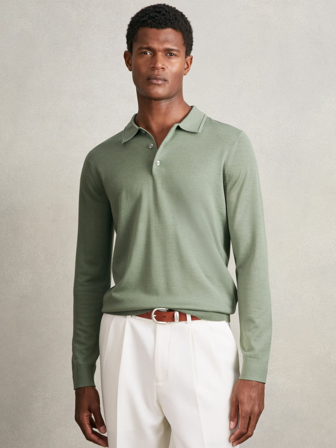 Reiss | Merino Wool Long-Sleeve Polo Shirt in Harper Green
