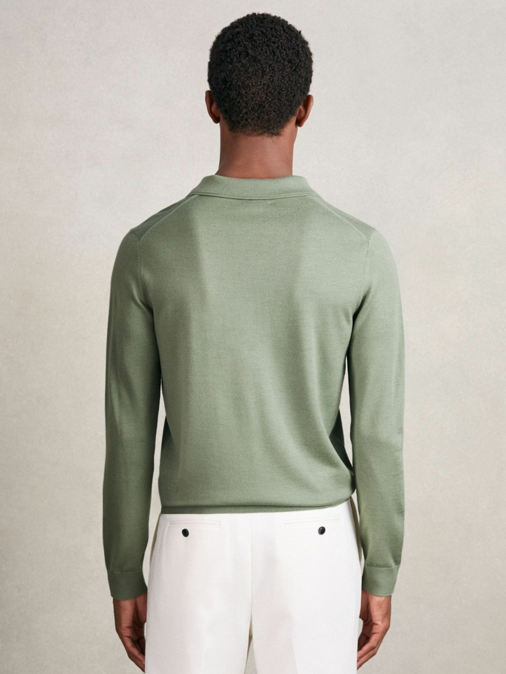 Reiss | Merino Wool Long-Sleeve Polo Shirt in Harper Green