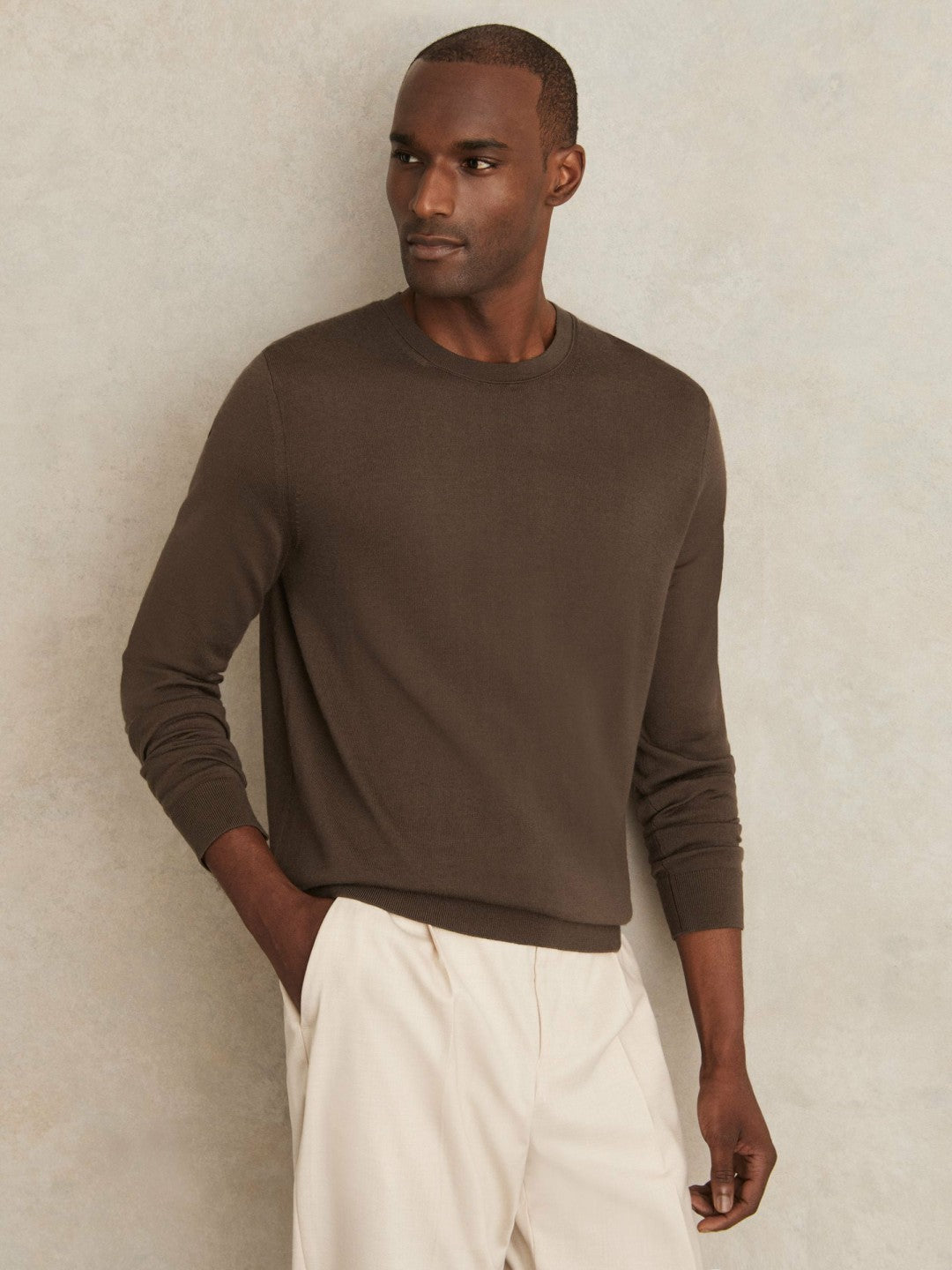 Reiss | Merino-Wool Crew-Neck Jumper in Chocolate Brown