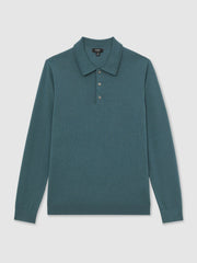 Reiss | Merino Wool Long-Sleeve Polo Shirt in Orion Blue