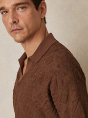 Reiss | Jacquard Loop-Stitch Polo Shirt in Tobacco