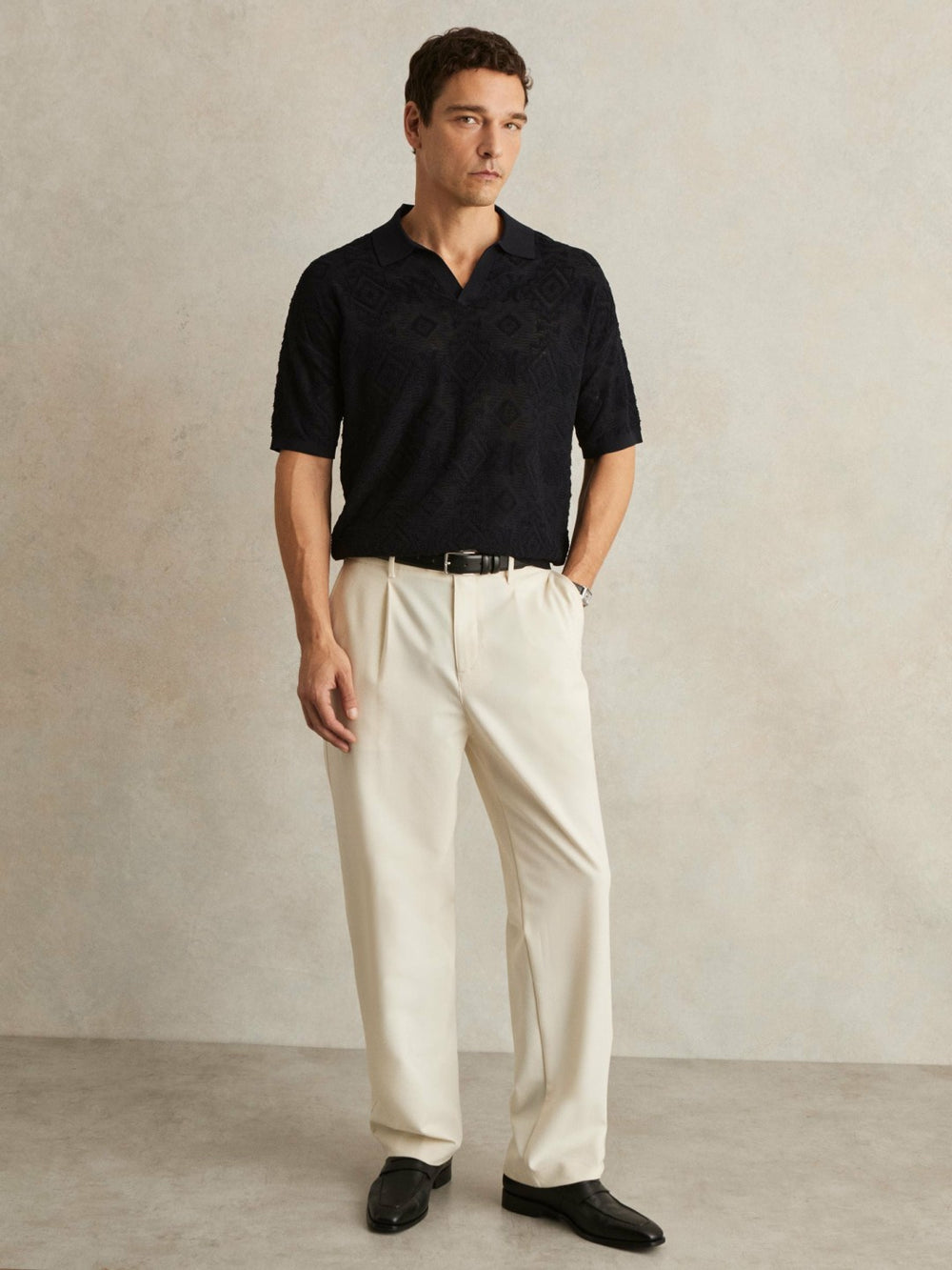 Reiss | Jacquard Loop-Stitch Polo Shirt in Navy