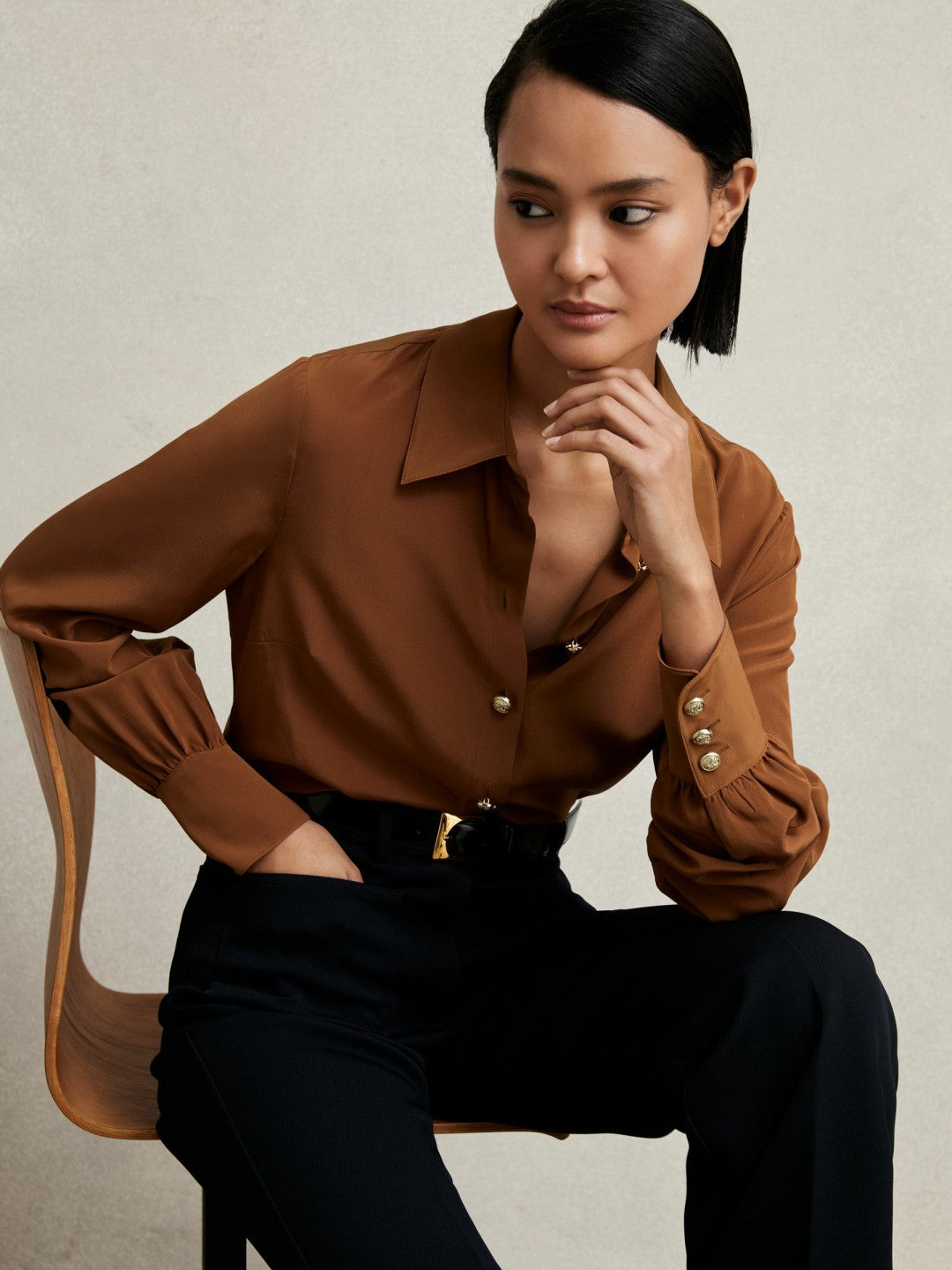Reiss | Silk Embossed-Button Shirt in Tan Brown