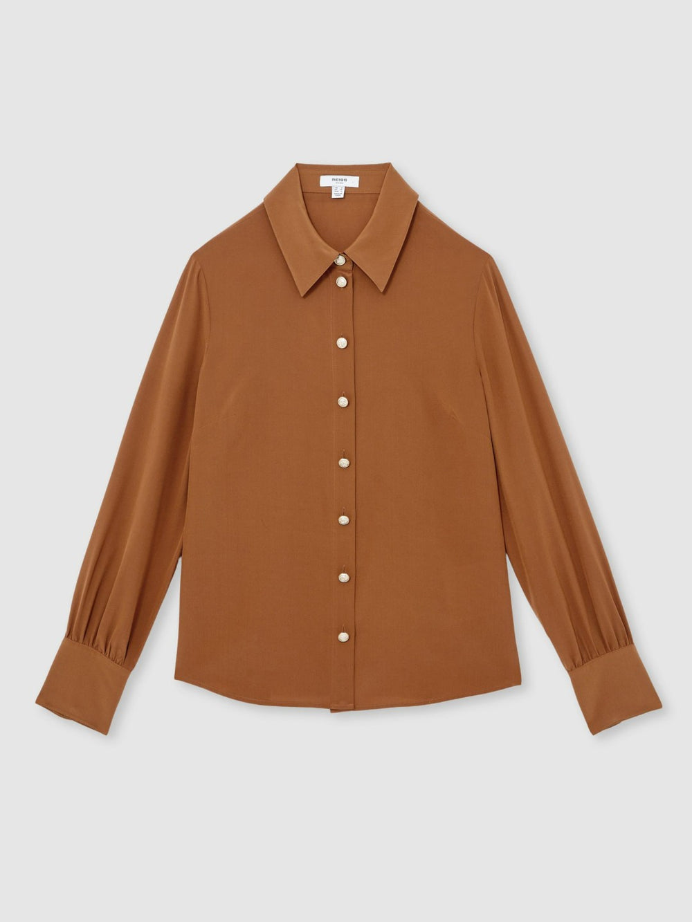 Reiss | Silk Embossed-Button Shirt in Tan Brown