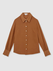 Reiss | Silk Embossed-Button Shirt in Tan Brown