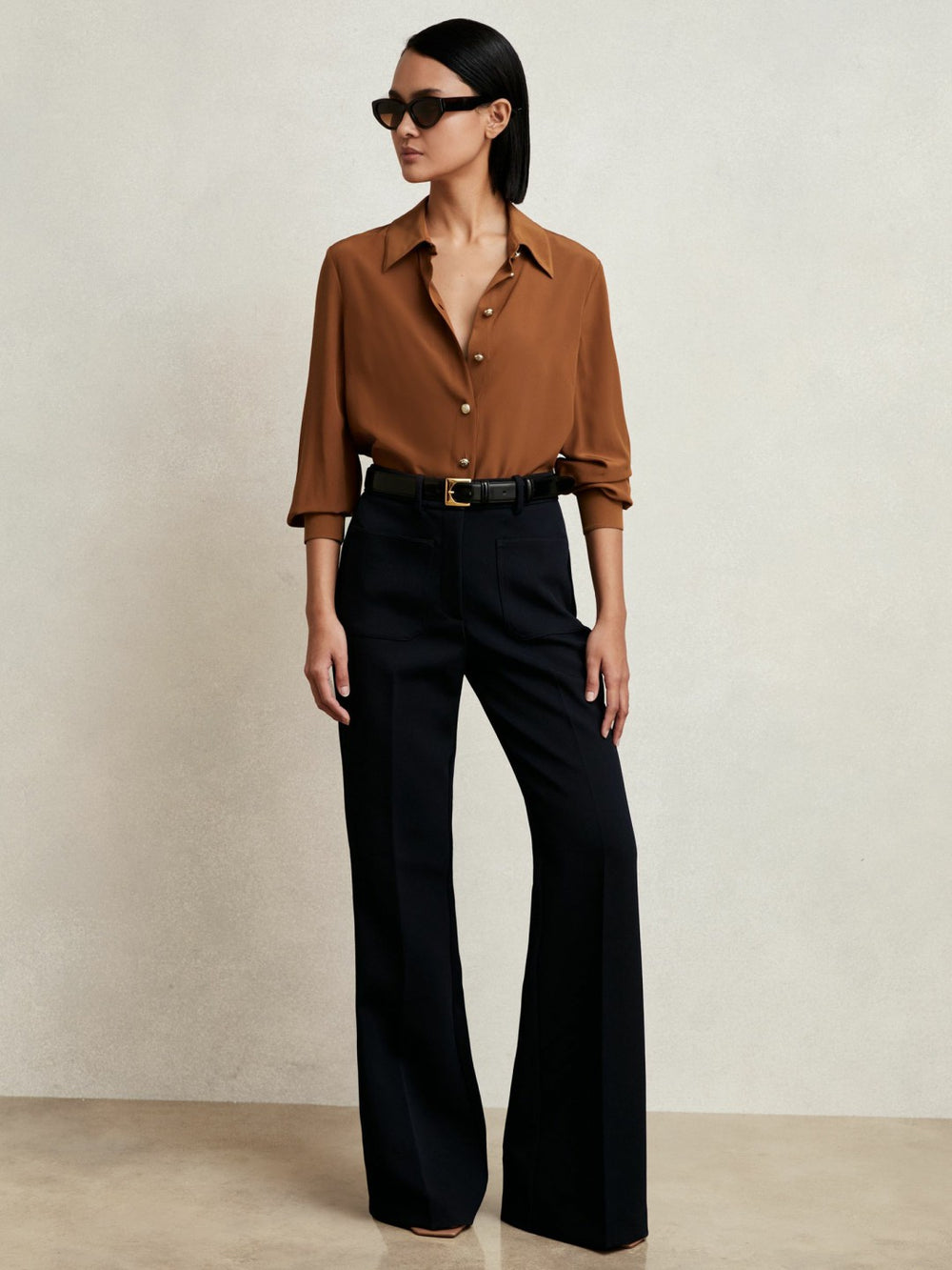 Reiss | Silk Embossed-Button Shirt in Tan Brown