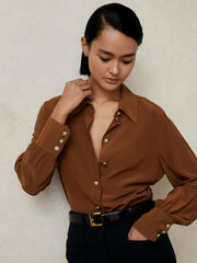 Reiss | Silk Embossed-Button Shirt in Tan Brown