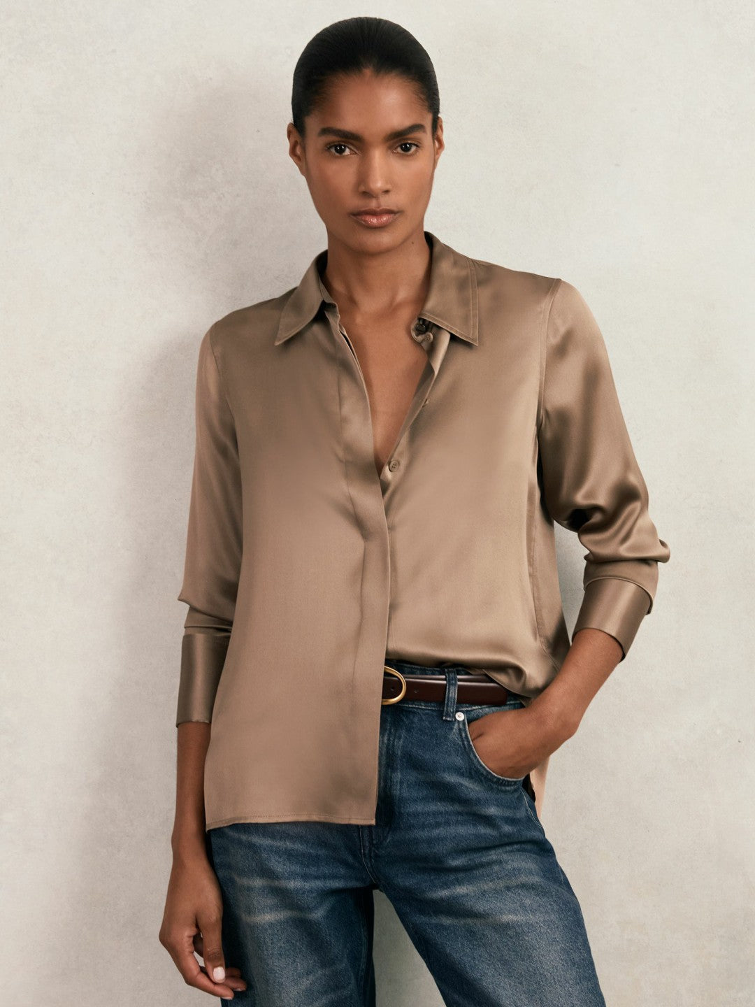 Reiss | Silk-Satin Concealed-Placket Shirt in Taupe Brown