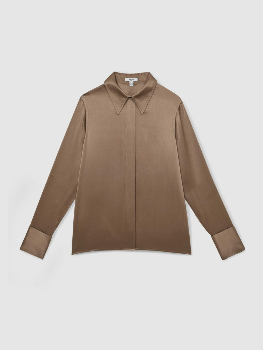 Reiss | Silk-Satin Concealed-Placket Shirt in Taupe Brown