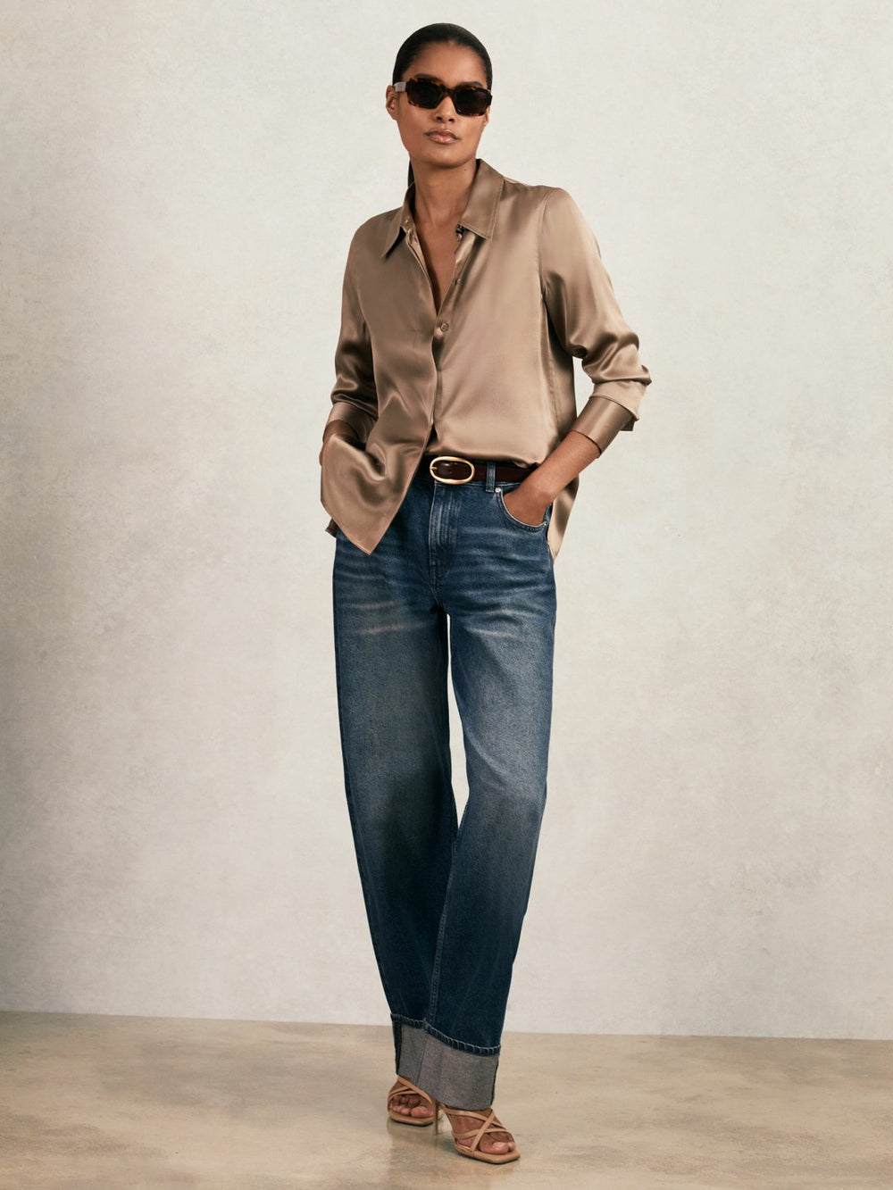 Reiss | Silk-Satin Concealed-Placket Shirt in Taupe Brown