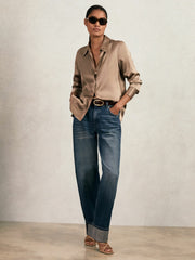 Reiss | Silk-Satin Concealed-Placket Shirt in Taupe Brown