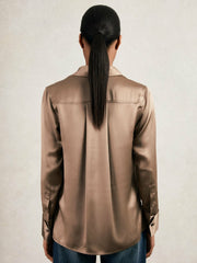 Reiss | Silk-Satin Concealed-Placket Shirt in Taupe Brown