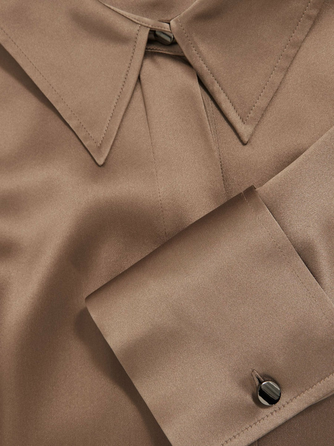 Reiss | Silk-Satin Concealed-Placket Shirt in Taupe Brown