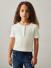 Reiss | 3-9 yrs Cotton Pointelle Button T-Shirt in Ivory