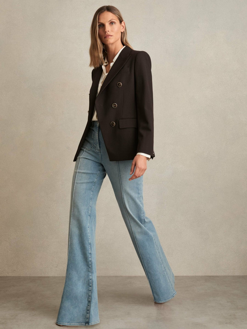 Reiss | Wool-Blend Double-Breasted Blazer in Chocolate Brown