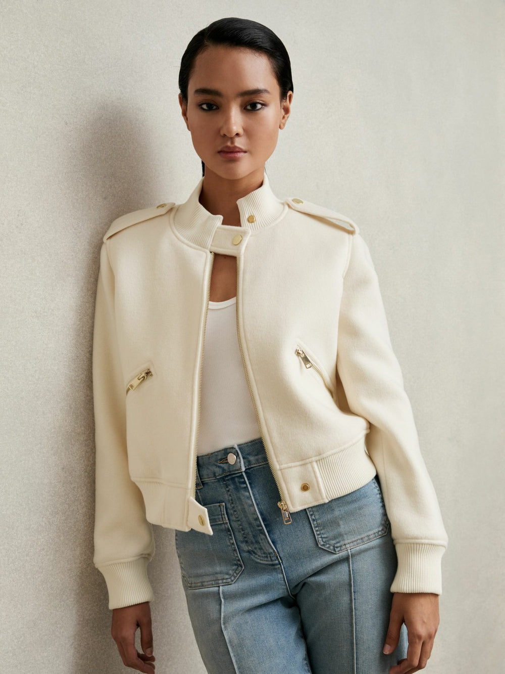 Reiss | Brushed Wool Epaulette Bomber Jacket in Cream