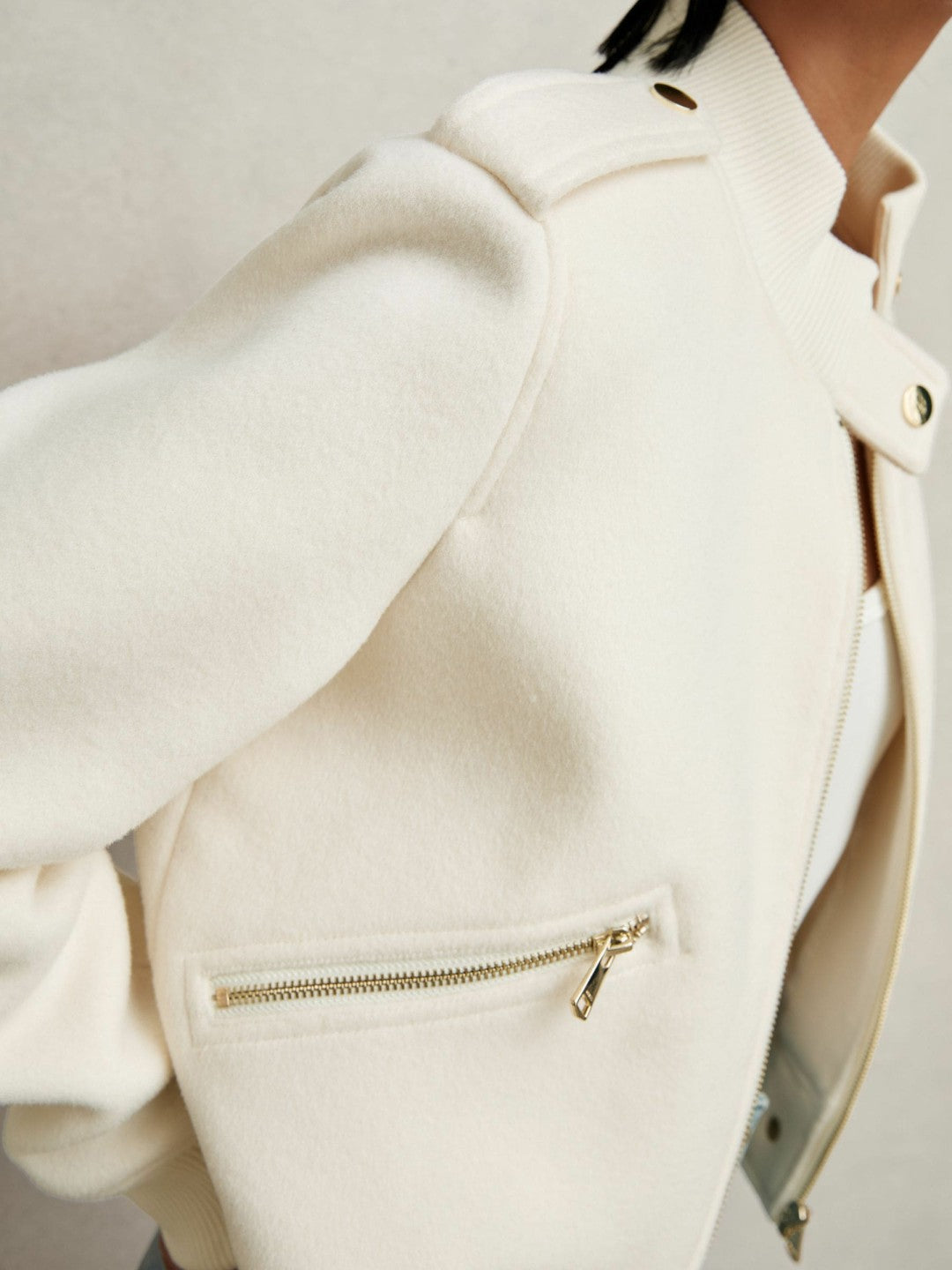 Reiss | Brushed Wool Epaulette Bomber Jacket in Cream
