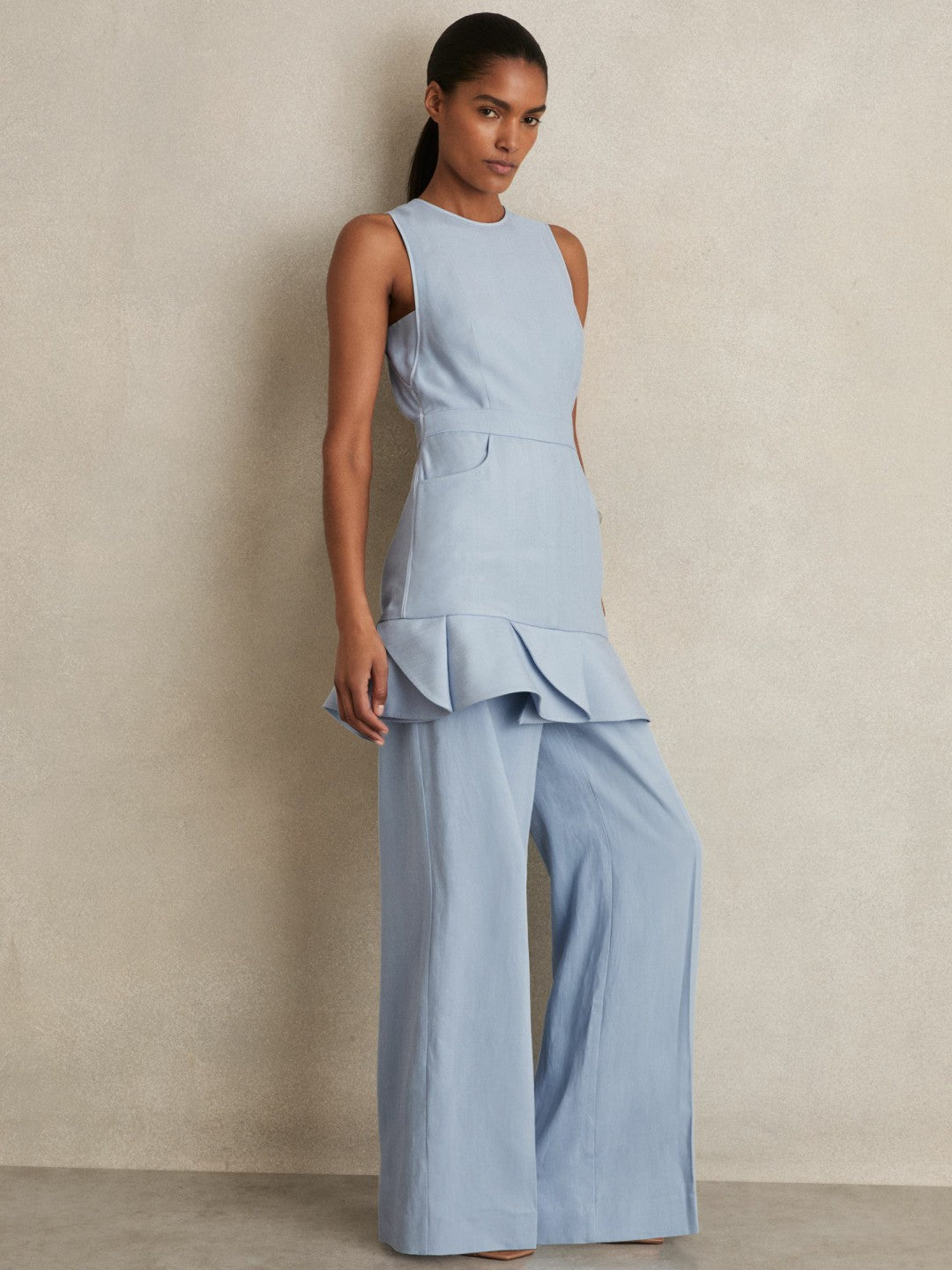 Reiss | Structured Ruffle-Hem Mini Dress in Blue