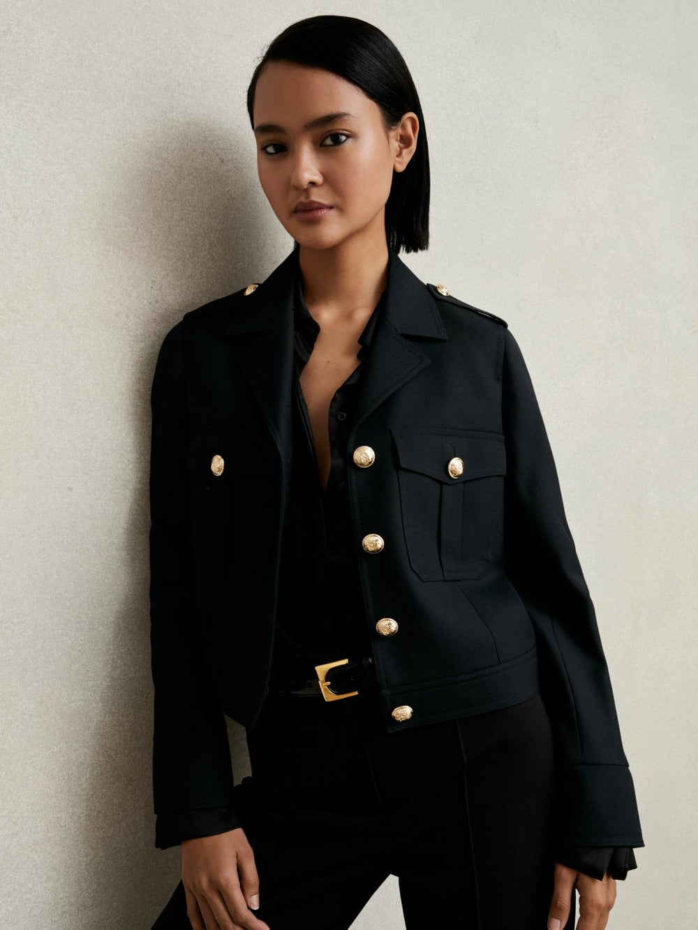 Reiss | Wool Twin-Pocket Cropped Jacket in Black